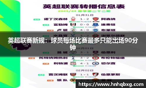 英超联赛新规：球员每场比赛最多只能出场90分钟